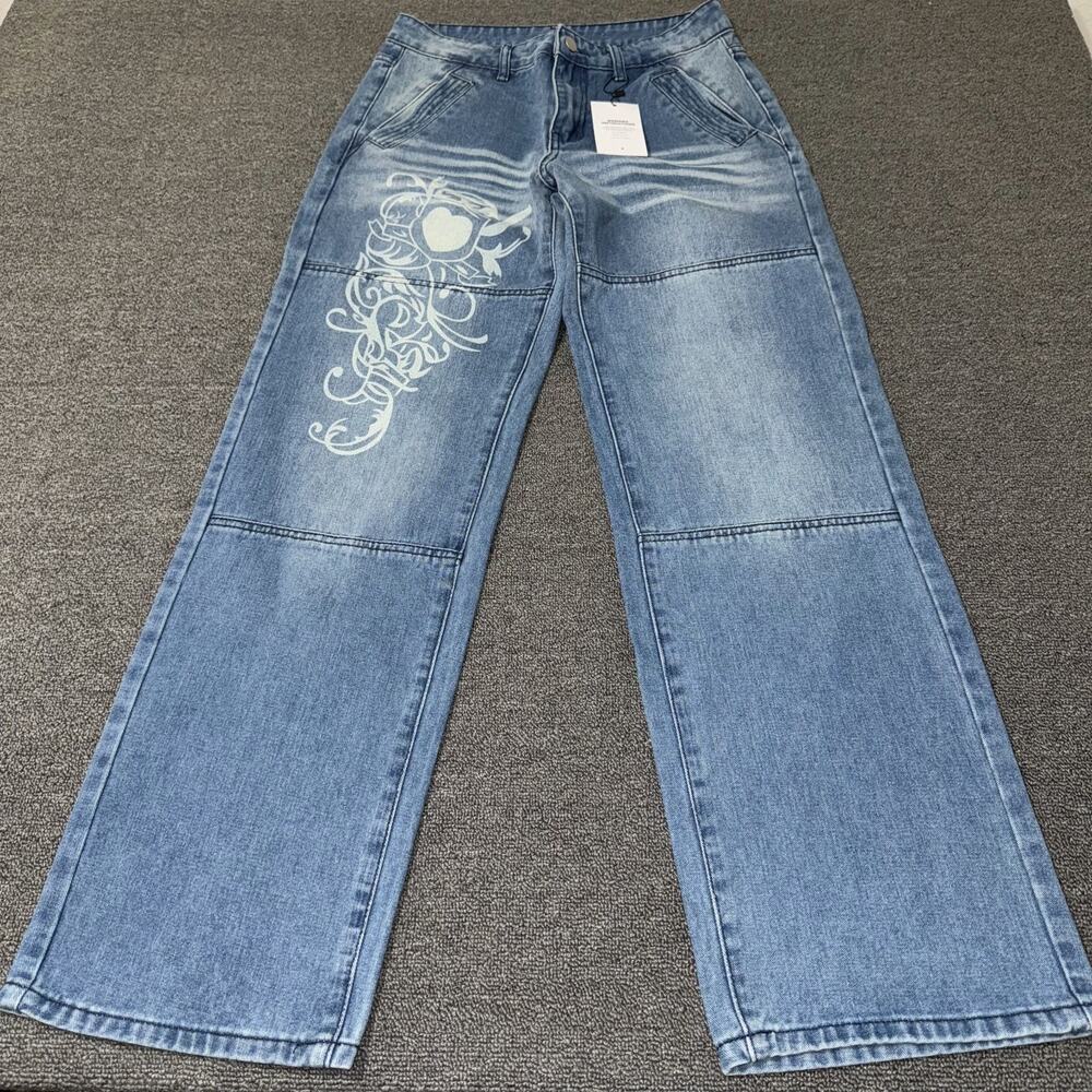 EM Wide‎ Leg Jeans Womens Small Blue Denim Medium Wash Mid Rise Streetwear NWT